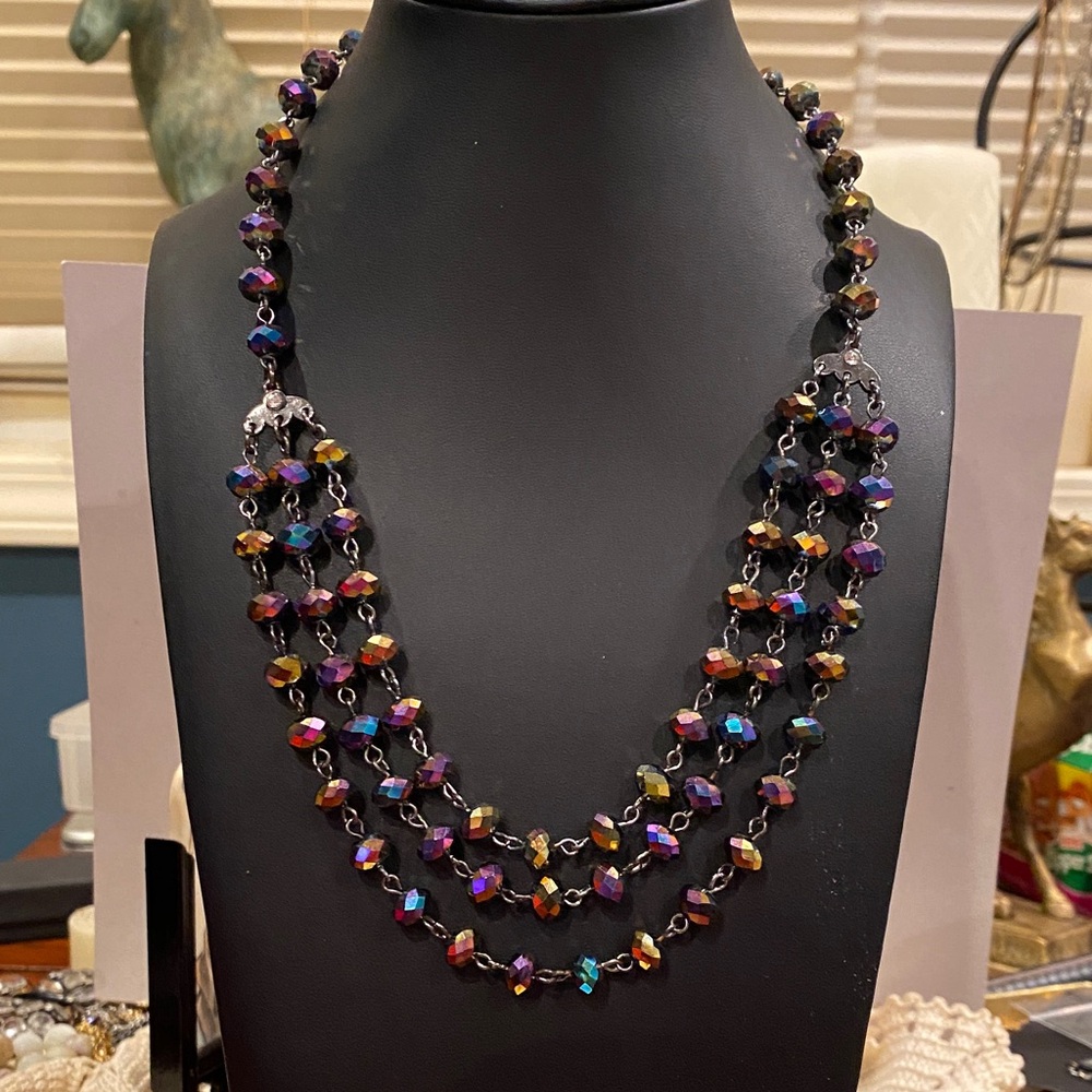 Faceted Rainbow Glass Aurora Borealis Crystal. Swag Design. Gunmetal Color Chain